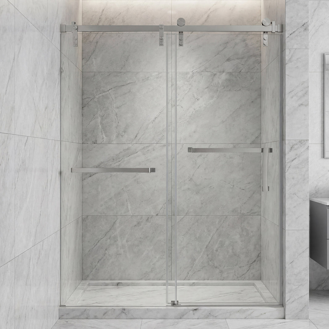 Frameless Double Sliding Shower Door with Towel Bar, Stainless Steel