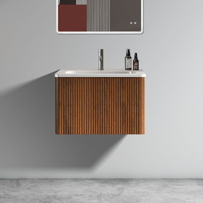 24" Striped Walnut Wall-Mounted Bathroom Vanity with integrated White Ceramic Sink, Fully Assembled