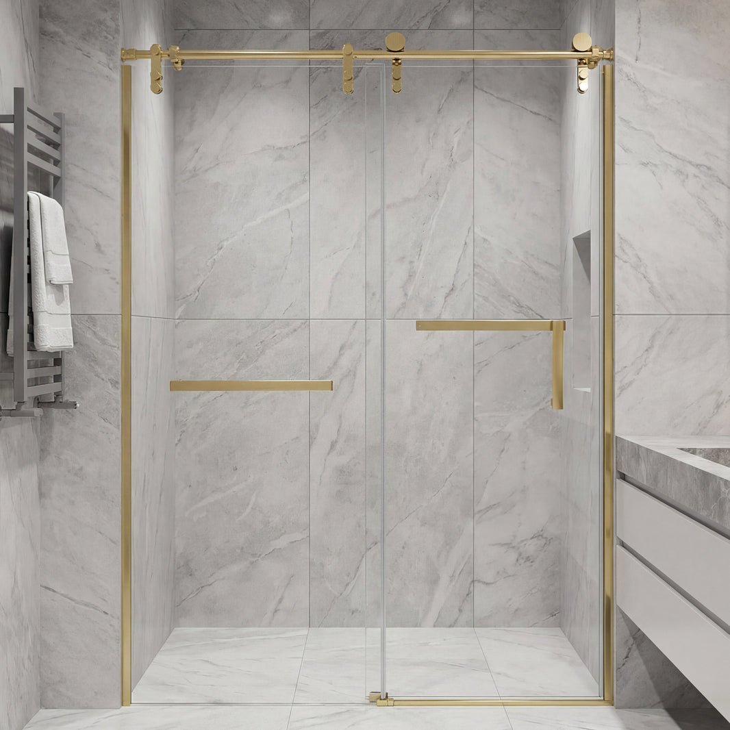 Frameless Double Sliding Shower Door with Side Panel & Towel Bar, Stainless Steel