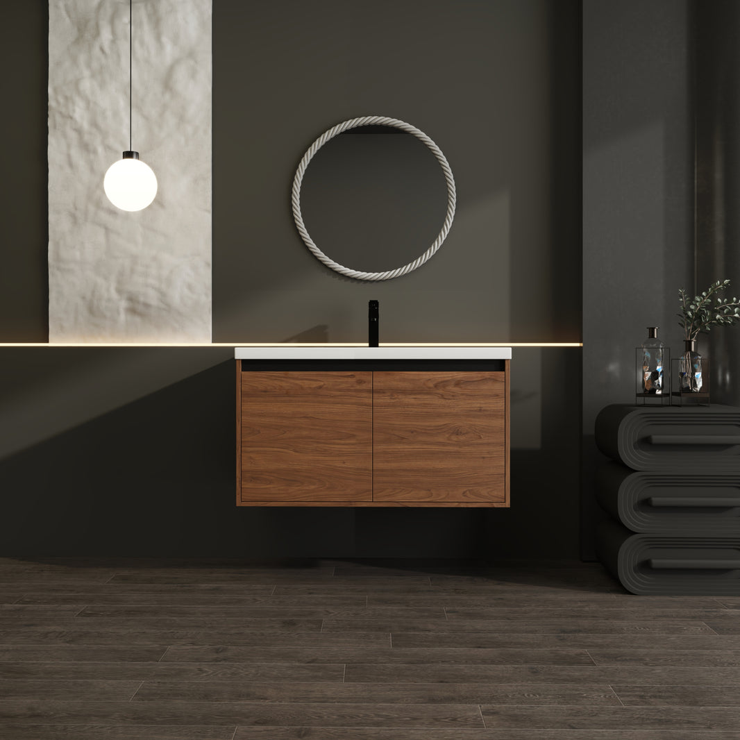 36" Ebony Wall-Mounted Bathroom Vanity in Brown with Resin Sink and Soft-Close Storage