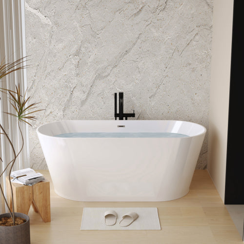 59" Gloss White Acrylic Freestanding Soaking Bathtub with Overflow and Pop-Up Drain
