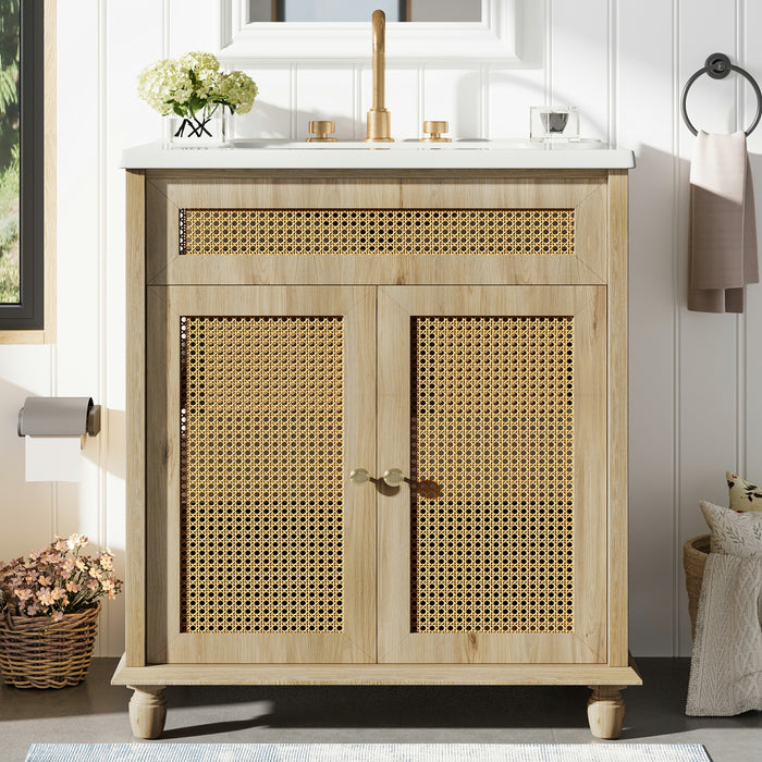 30" Free-standing Bathroom Vanity with Resin Sink, Rattan Doors and Soft-Close Storage