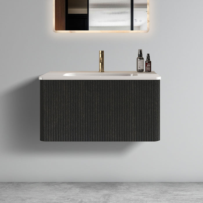 30" Striped Oak Wall-Mounted Bathroom Vanity in Black with integrated Ceramic Sink, Fully Assembled
