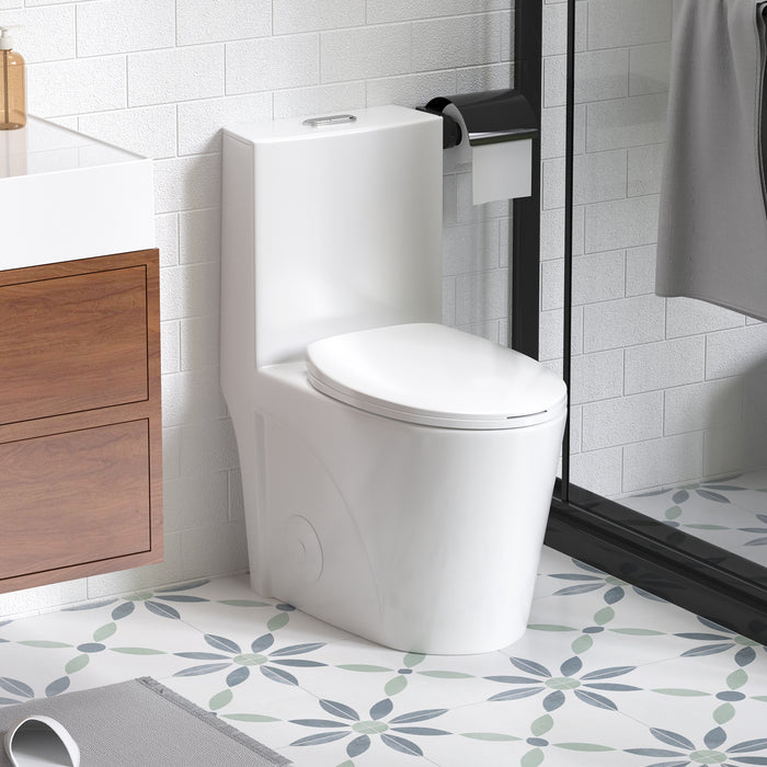 One-Piece Elongated Toilet with 1.1/1.6 GPF Dual Flush, 17" ADA Height and Soft-Close Seat