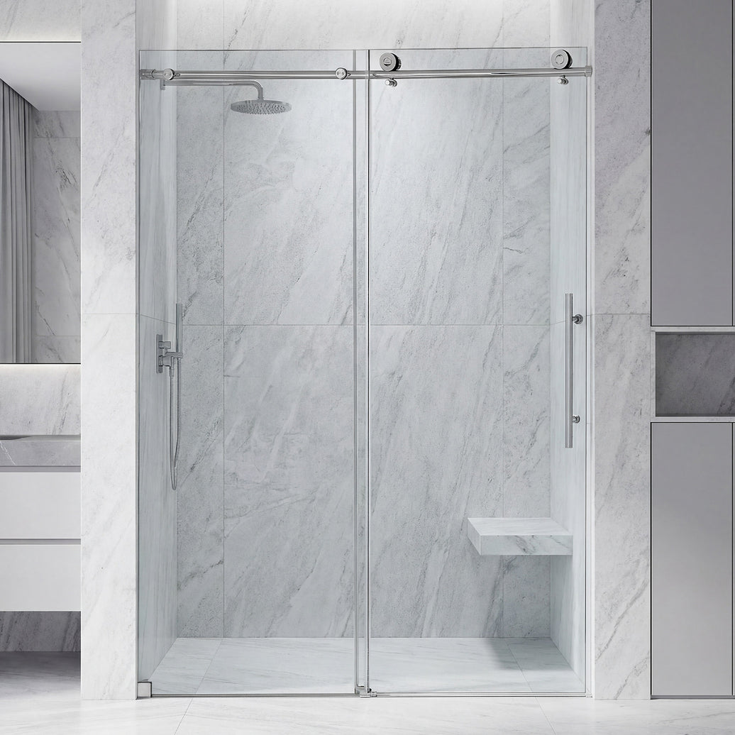 Frameless Double Sliding Shower Door with Side Panel & Single Handle, Stainless Steel