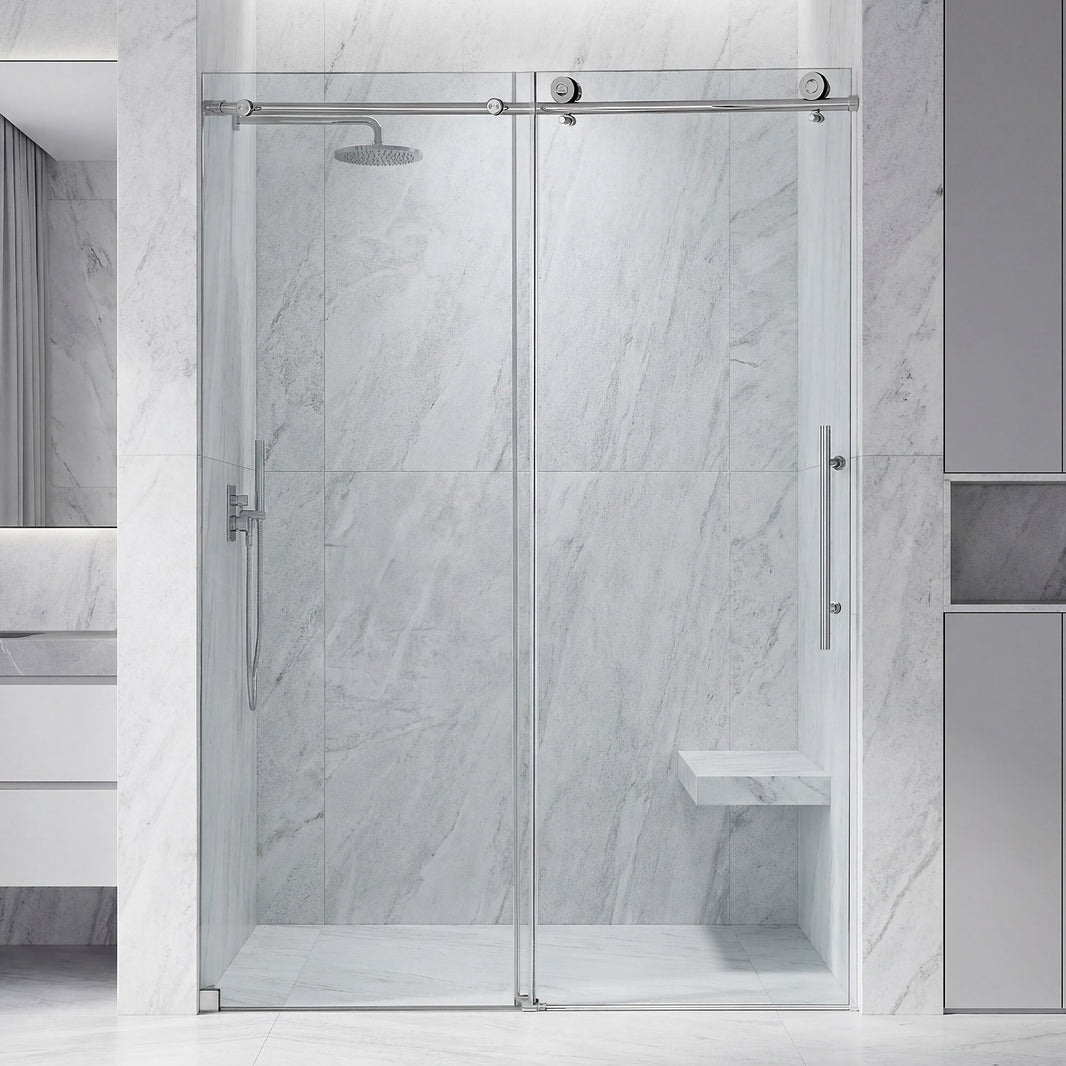 Frameless Double Sliding Shower Door with Side Panel & Single Handle, 76" High x Adjustable 60"-64" Wide Stainless Steel 8mm