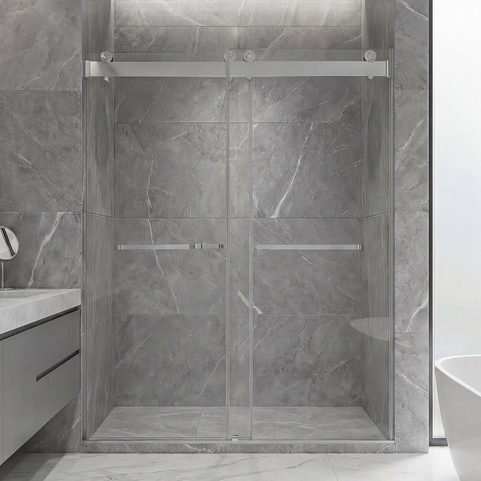Frameless Double Sliding Shower Door with Dual Towel Bars, Stainless Steel
