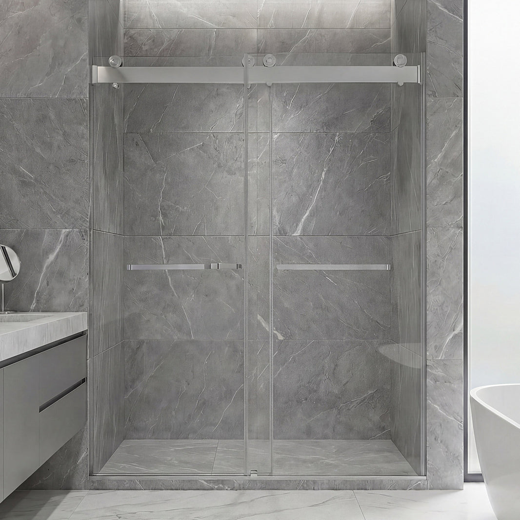 Frameless Double Sliding Shower Door with Dual Towel Bars, Stainless Steel