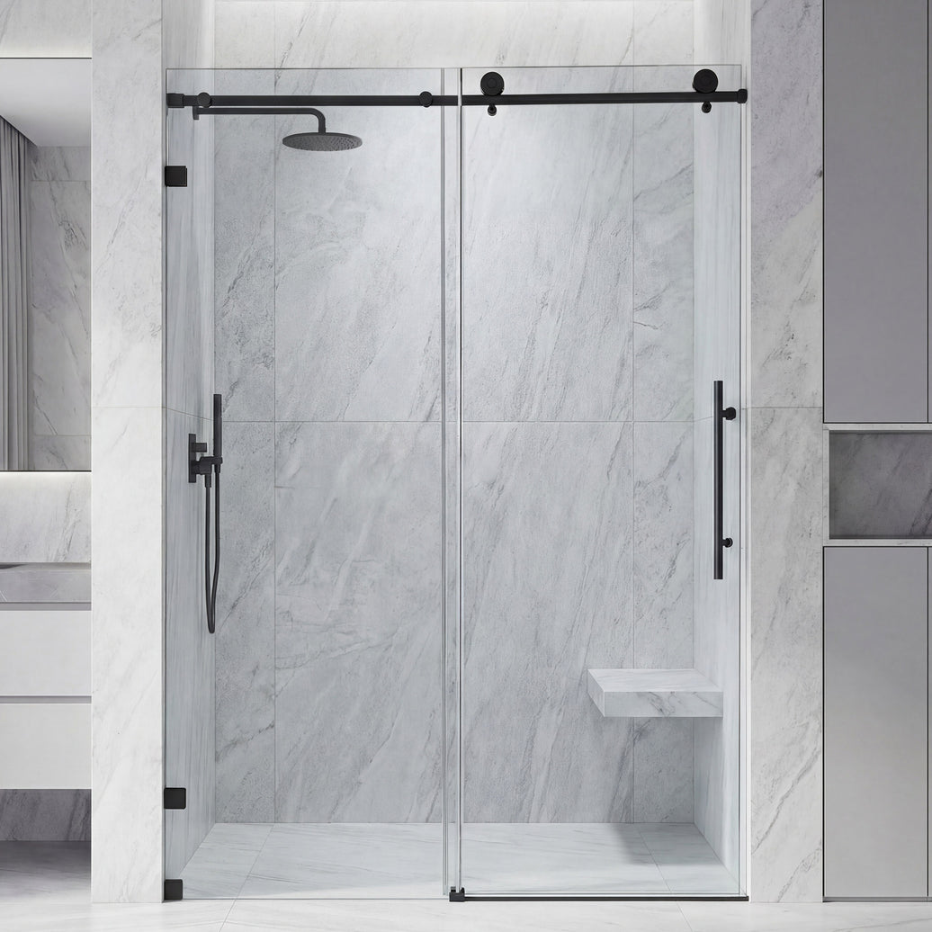 Frameless Double Sliding Shower Door with Side Panel & Single Handle, 76" High x Adjustable 60"-64" Wide Matte black 8mm
