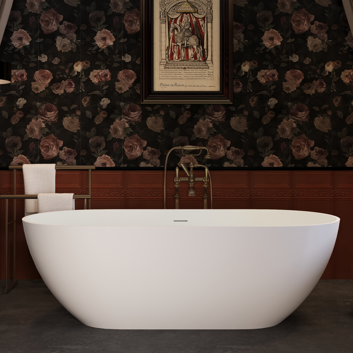 59" Freestanding Solid Surface Bathtub with Pop-Up Drain and Overflow in Matte White