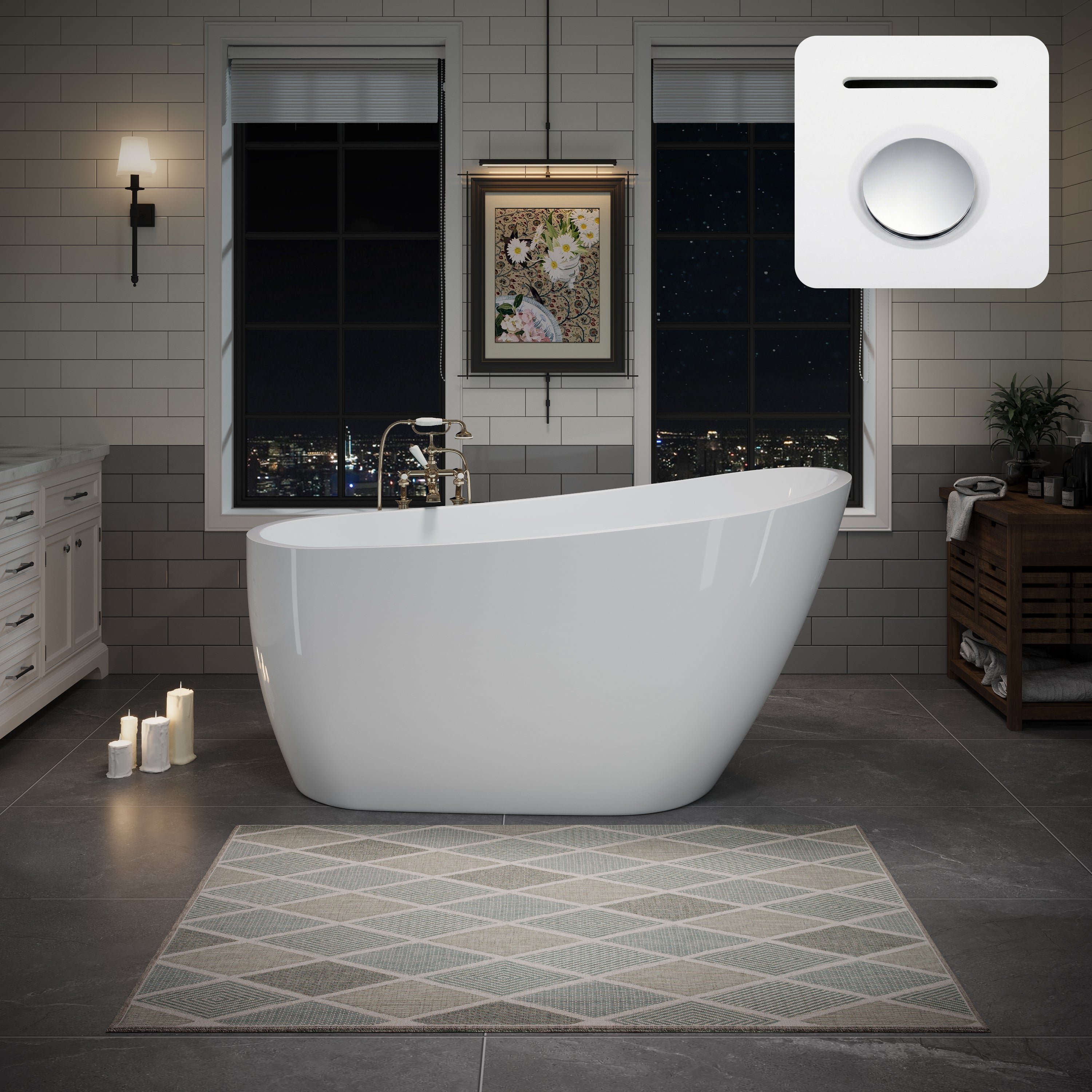 55" Acrylic Freestanding Soaking Bathtub with Pop-Up Drain and Overflow in Gloss White