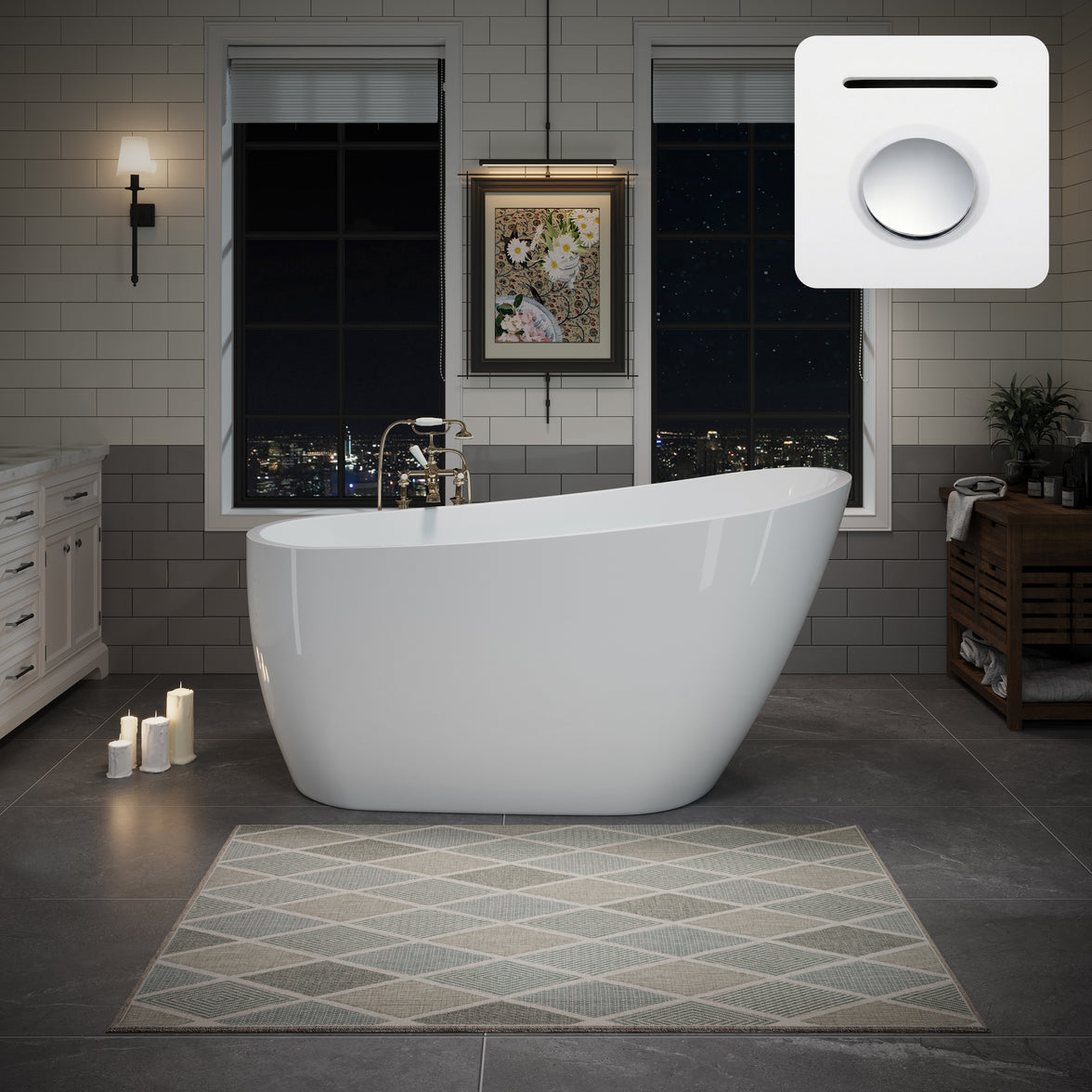 55" Acrylic Freestanding Soaking Bathtub with Pop-Up Drain and Overflow in Gloss White
