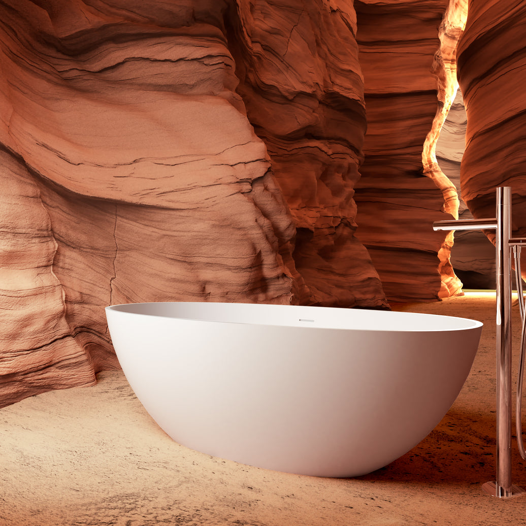 65" Freestanding Solid Surface Bathtub with Pop-Up Drain and Overflow in Matte White