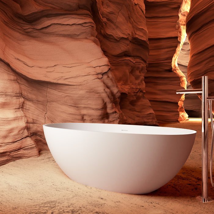 65" Freestanding Solid Surface Bathtub with Pop-Up Drain and Overflow in Matte White