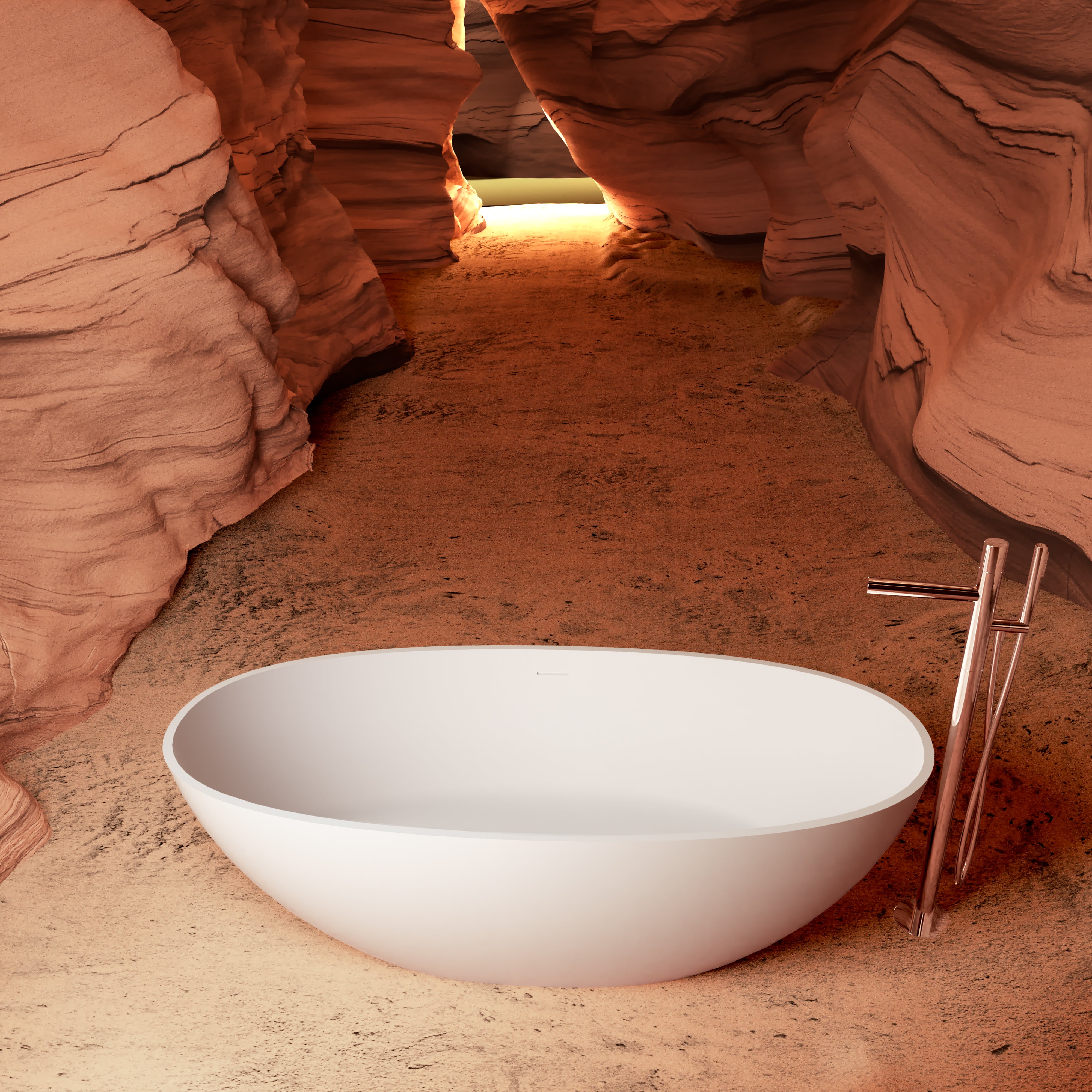 65" Freestanding Solid Surface Bathtub with Pop-Up Drain and Overflow in Matte White