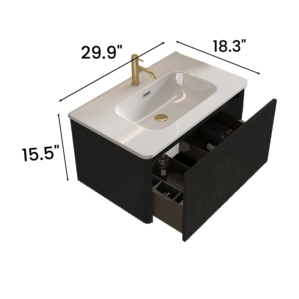 30" Striped Oak Wall-Mounted Bathroom Vanity in Black with integrated Ceramic Sink, Fully Assembled