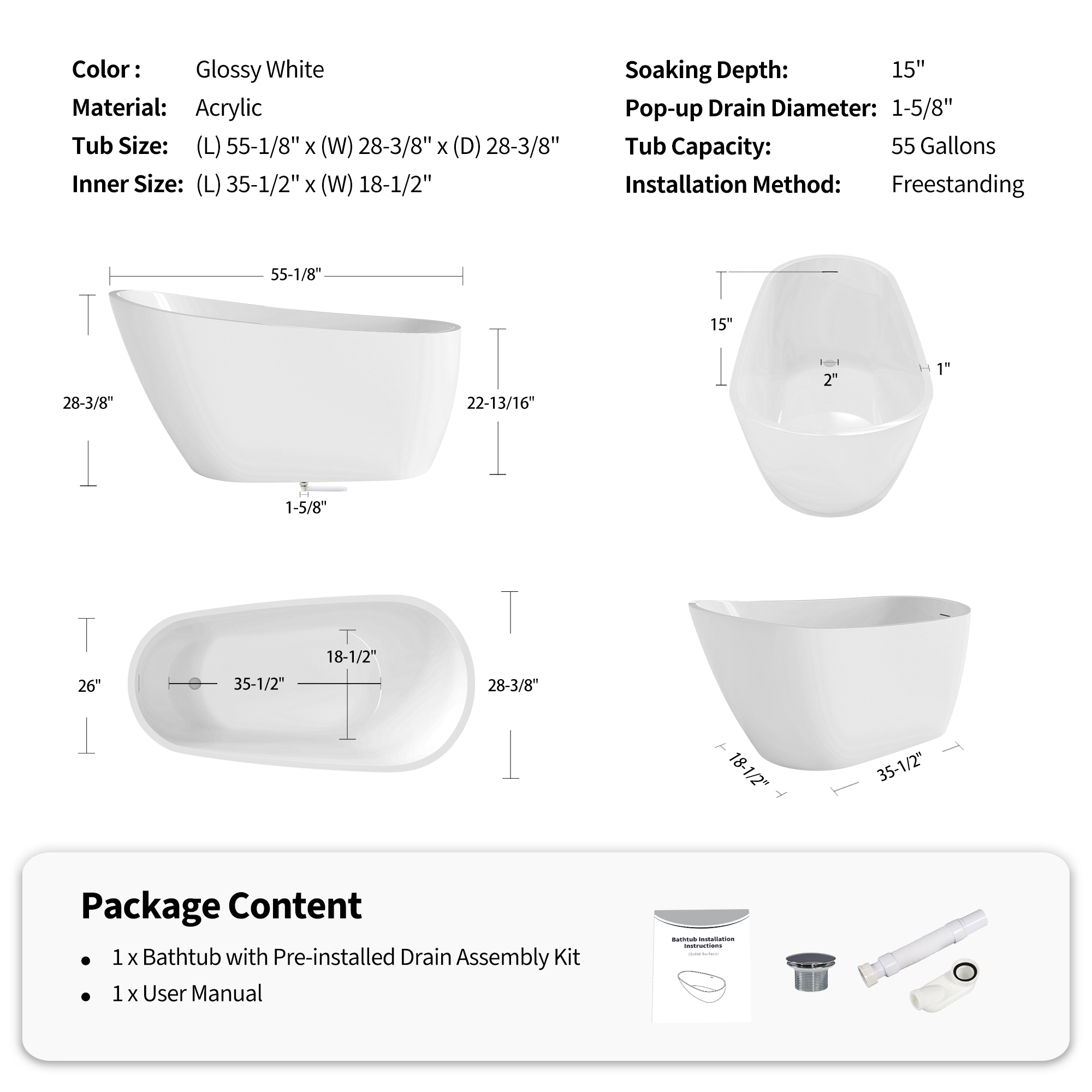 55" Acrylic Freestanding Soaking Bathtub with Pop-Up Drain and Overflow in Gloss White