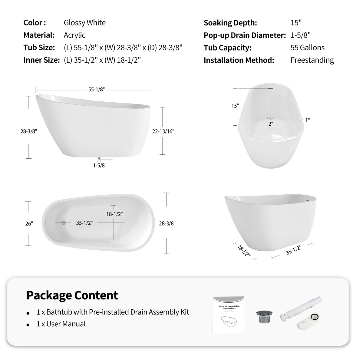 55" Acrylic Freestanding Soaking Bathtub with Pop-Up Drain and Overflow in Gloss White