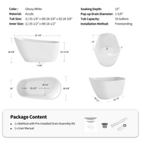 55" Acrylic Freestanding Soaking Bathtub with Pop-Up Drain and Overflow in Gloss White