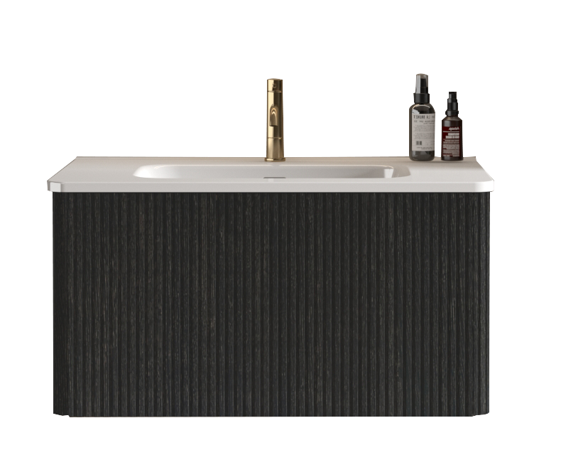 30" Striped Oak Wall-Mounted Bathroom Vanity in Black with integrated Ceramic Sink, Fully Assembled