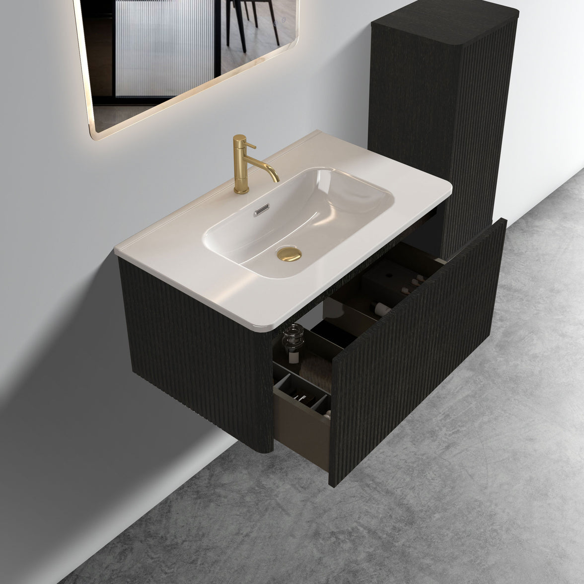 30" Striped Oak Wall-Mounted Bathroom Vanity in Black with integrated Ceramic Sink, Fully Assembled