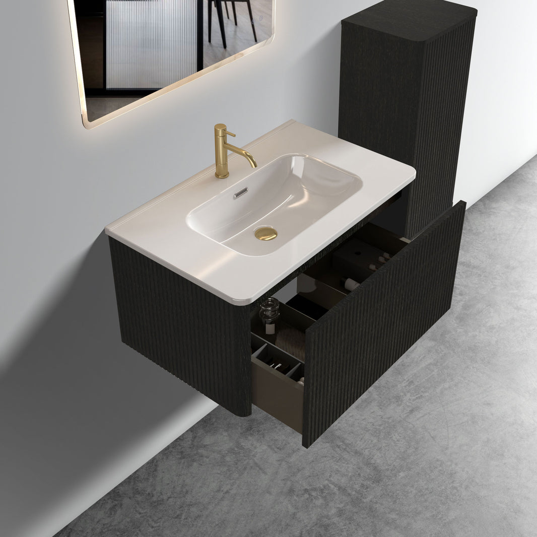 30" Striped Oak Wall-Mounted Bathroom Vanity in Black with integrated Ceramic Sink, Fully Assembled