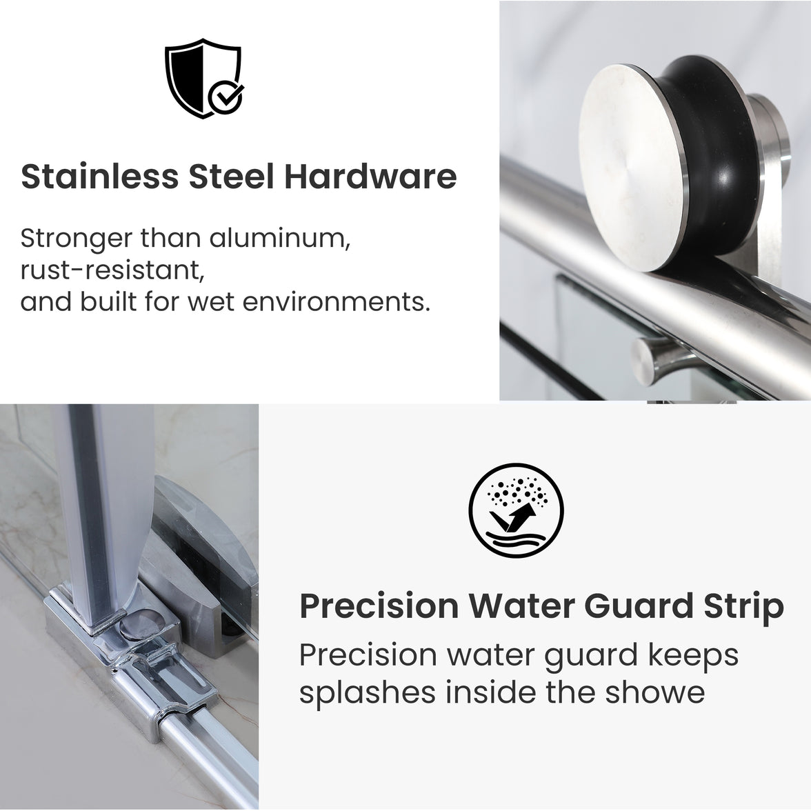 Frameless Double Sliding Shower Door with Side Panel & Towel Bar, Stainless Steel