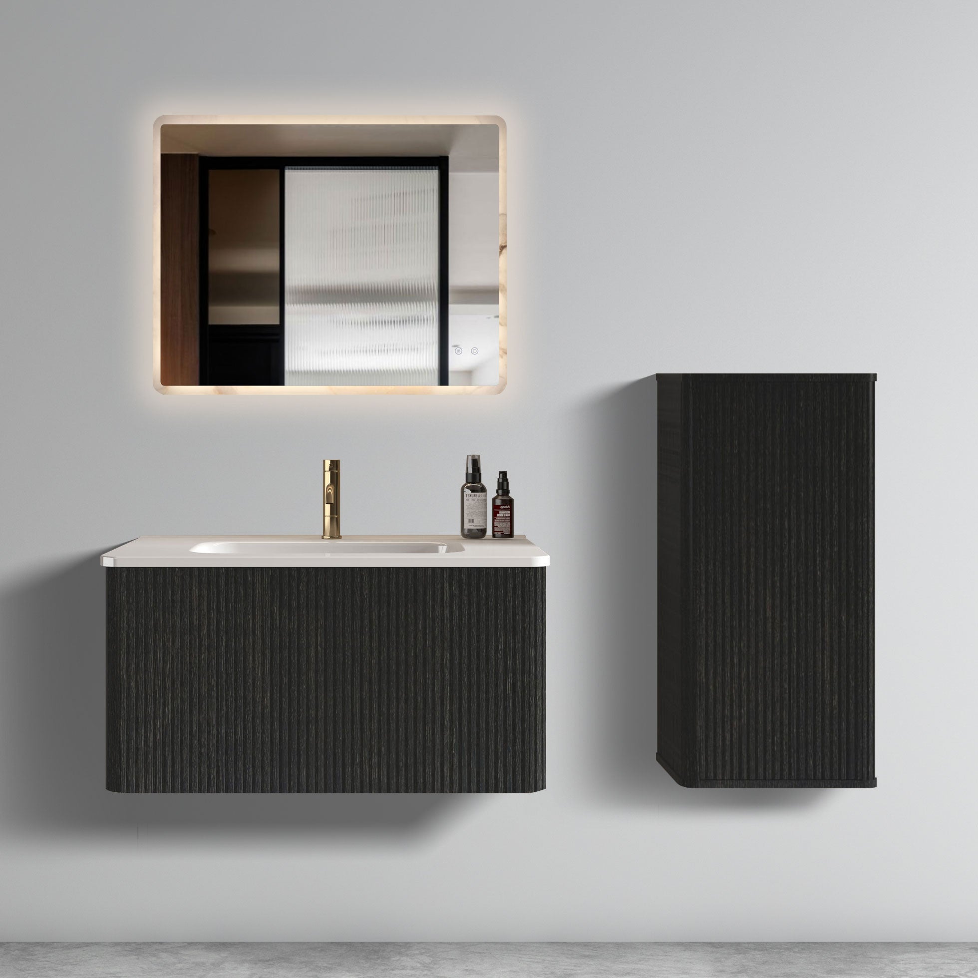 30" Striped Oak Wall-Mounted Bathroom Vanity in Black with integrated Ceramic Sink, Fully Assembled
