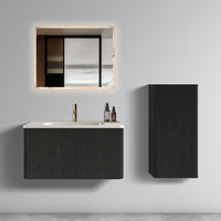 30" Striped Oak Wall-Mounted Bathroom Vanity in Black with integrated Ceramic Sink, Fully Assembled