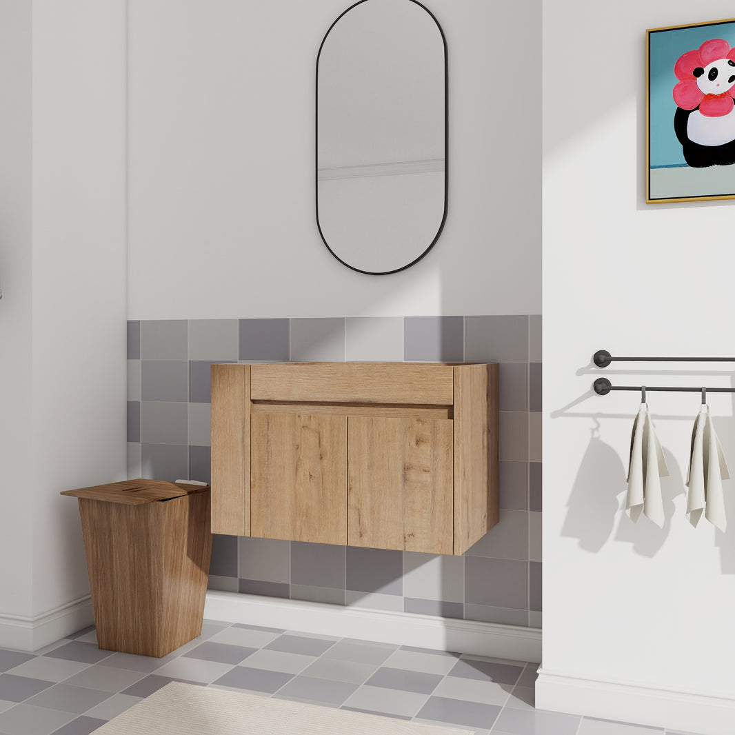 30" Imitative Oak Wall-Mounted Bathroom Vanity With Adjustable Open Shelf - No Sink Included
