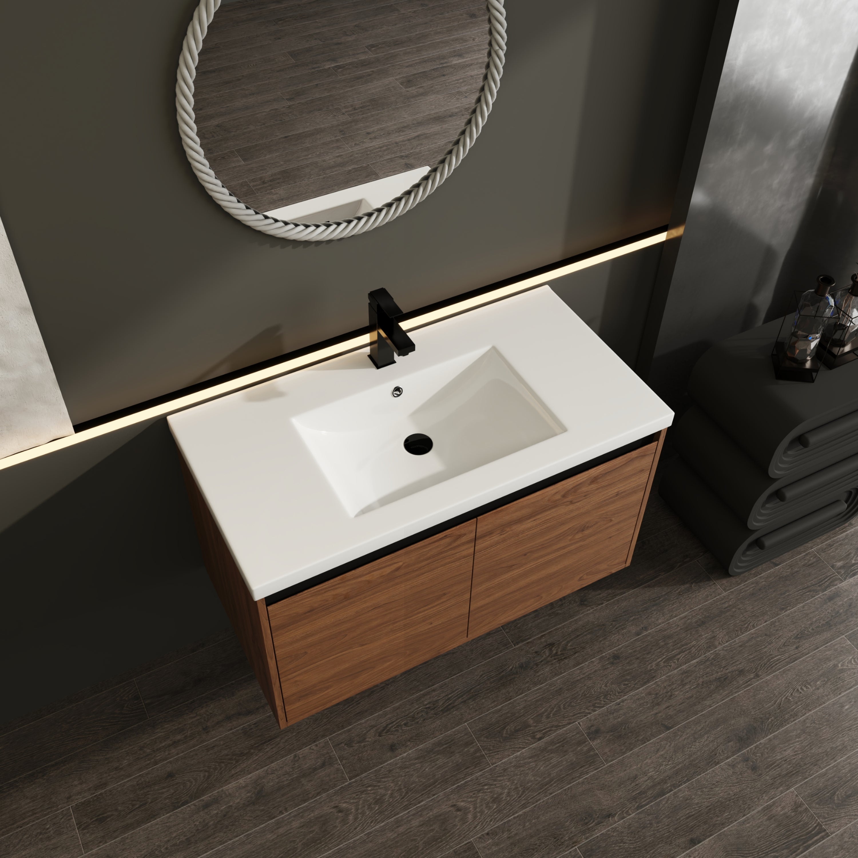 36" Ebony Wall-Mounted Bathroom Vanity in Brown with Resin Sink and Soft-Close Storage