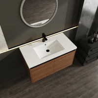 36" Ebony Wall-Mounted Bathroom Vanity in Brown with Resin Sink and Soft-Close Storage