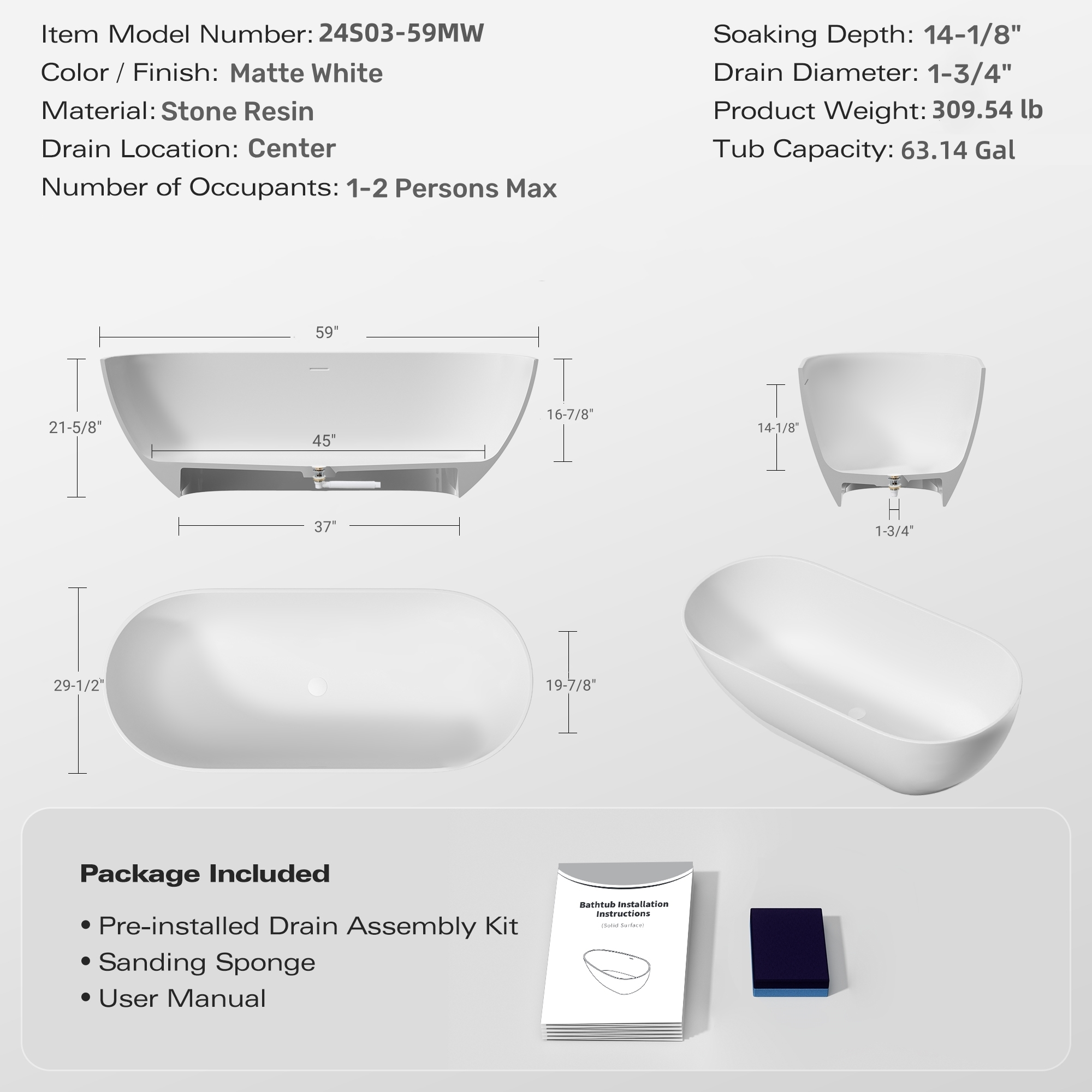 59" Freestanding Solid Surface Bathtub with Pop-Up Drain and Overflow in Matte White