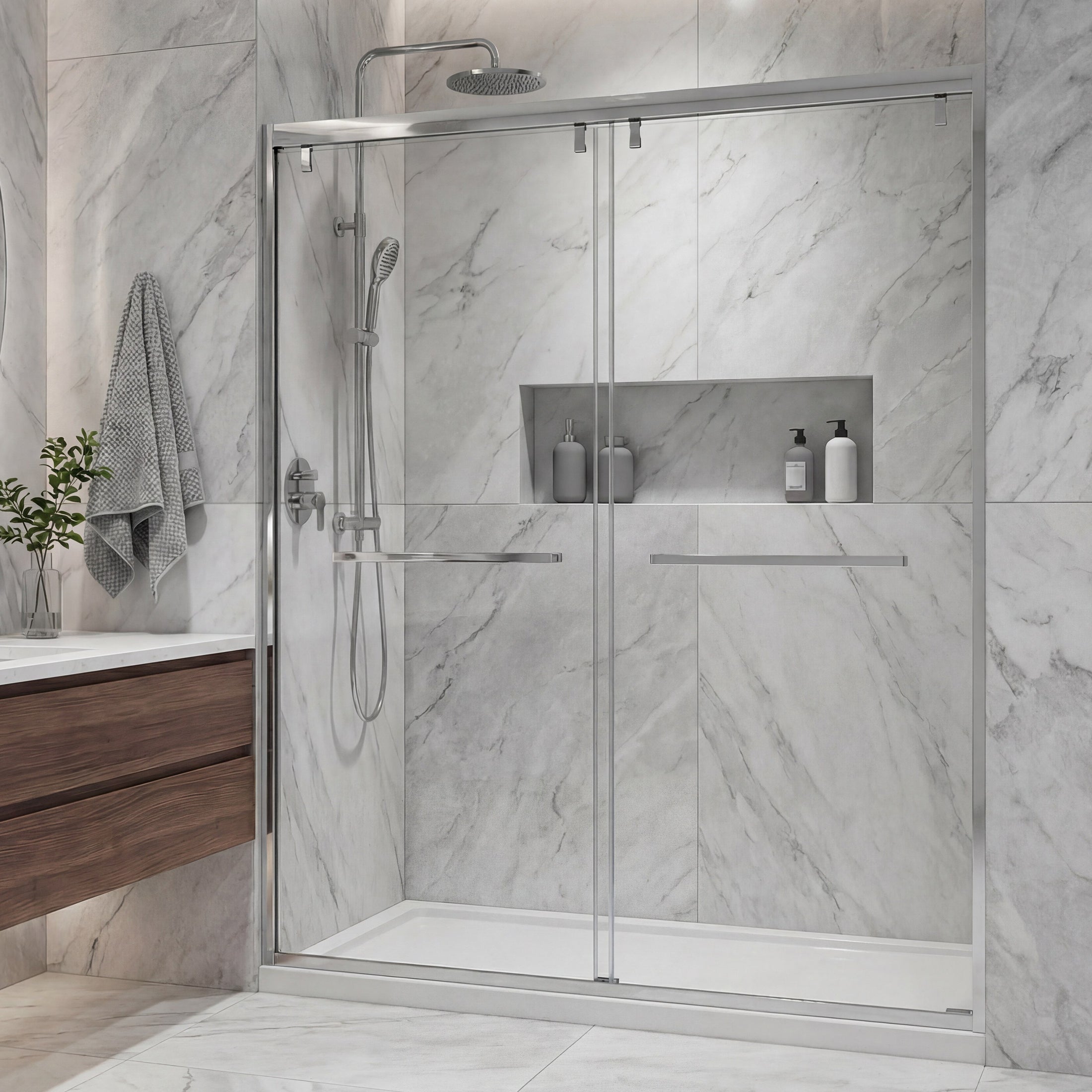 Framed Double Sliding Shower Door with Dual Towel Bars, Stainless Steel