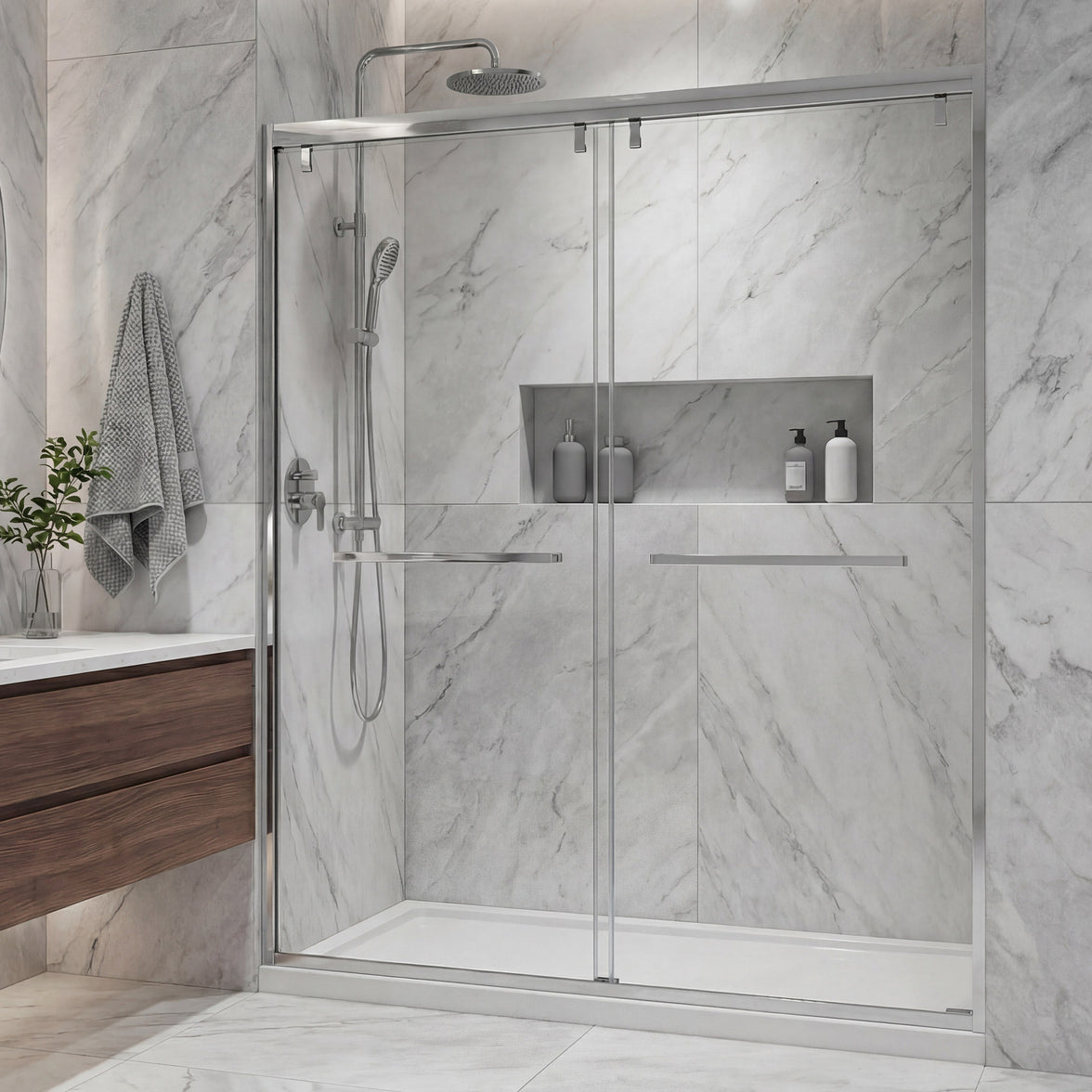 48–52" or 60–64" W x 76" H Matte Black Framed Bypass Shower Door with 5/16"(8mm) Tempered Clear Glass