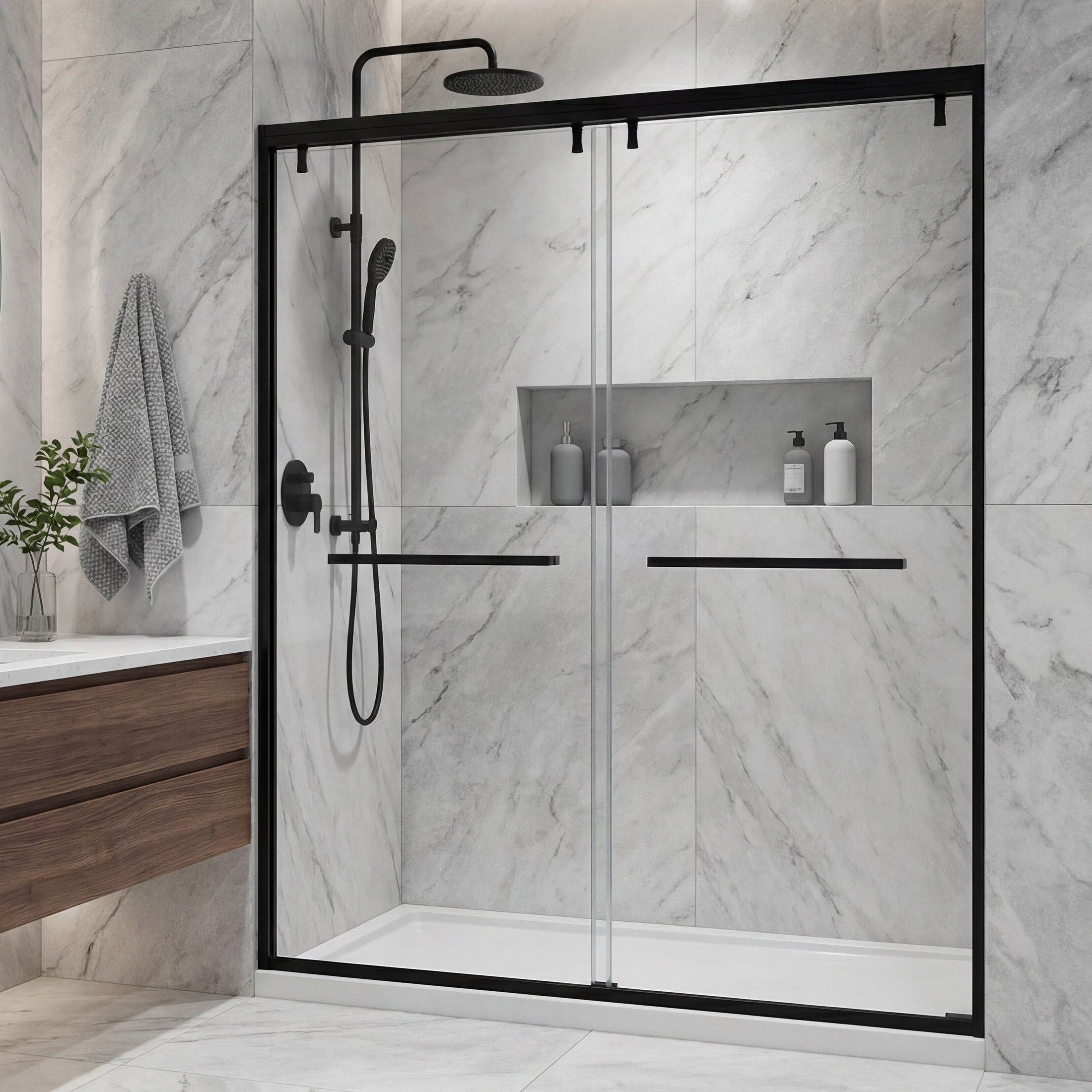 Framed Double Sliding Shower Door with Dual Towel Bars, Stainless Steel