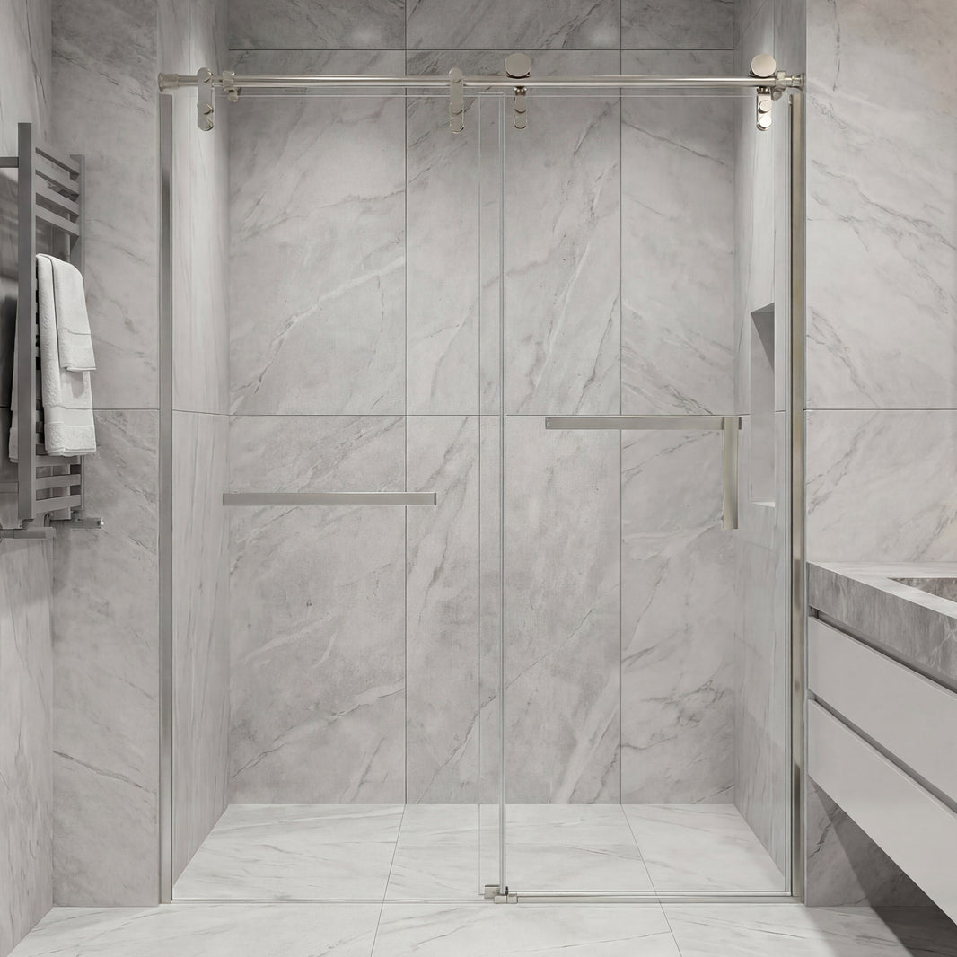 Frameless Double Sliding Shower Door with Side Panel & Towel Bar, Stainless Steel