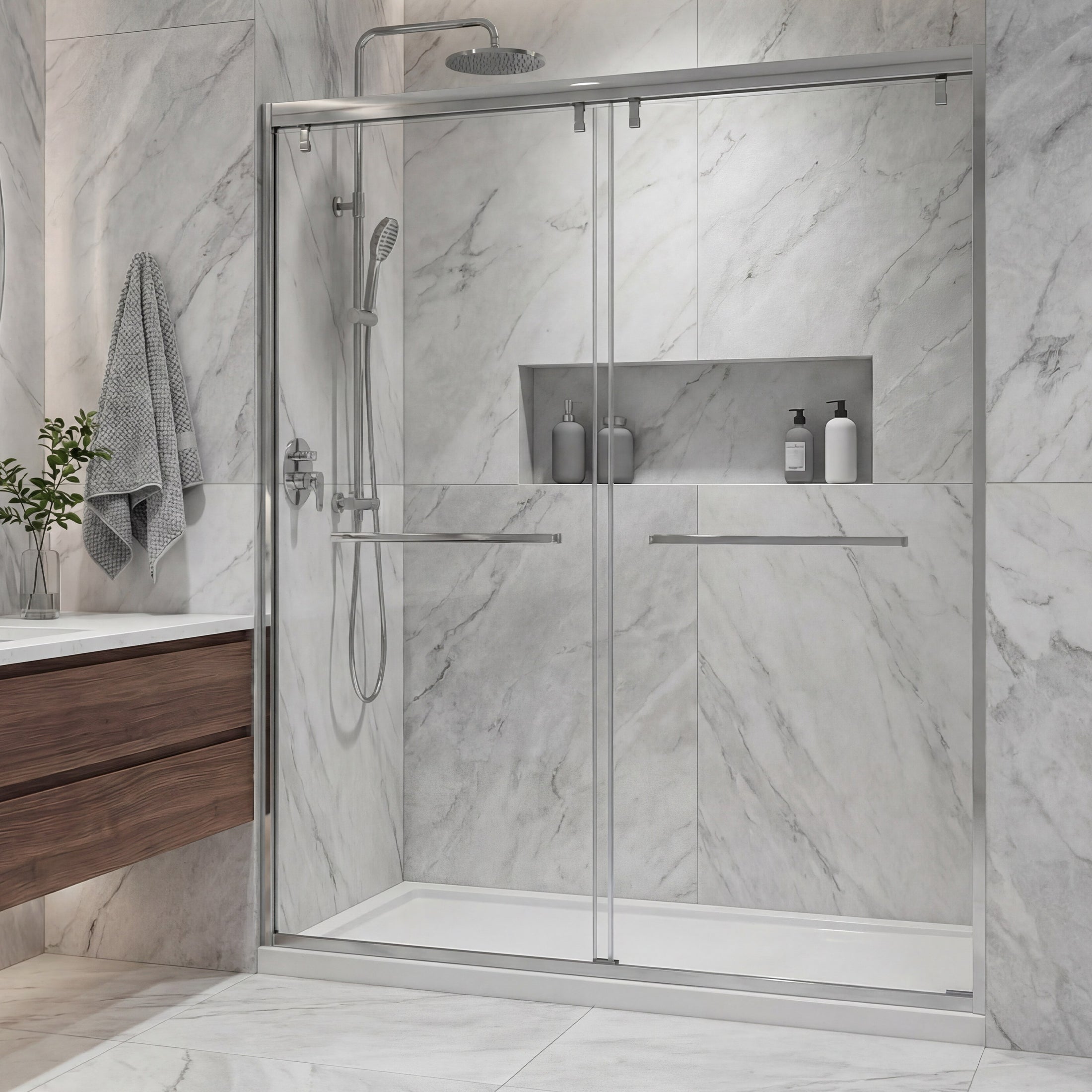 Framed Double Sliding Shower Door with Dual Towel Bars, Stainless Steel