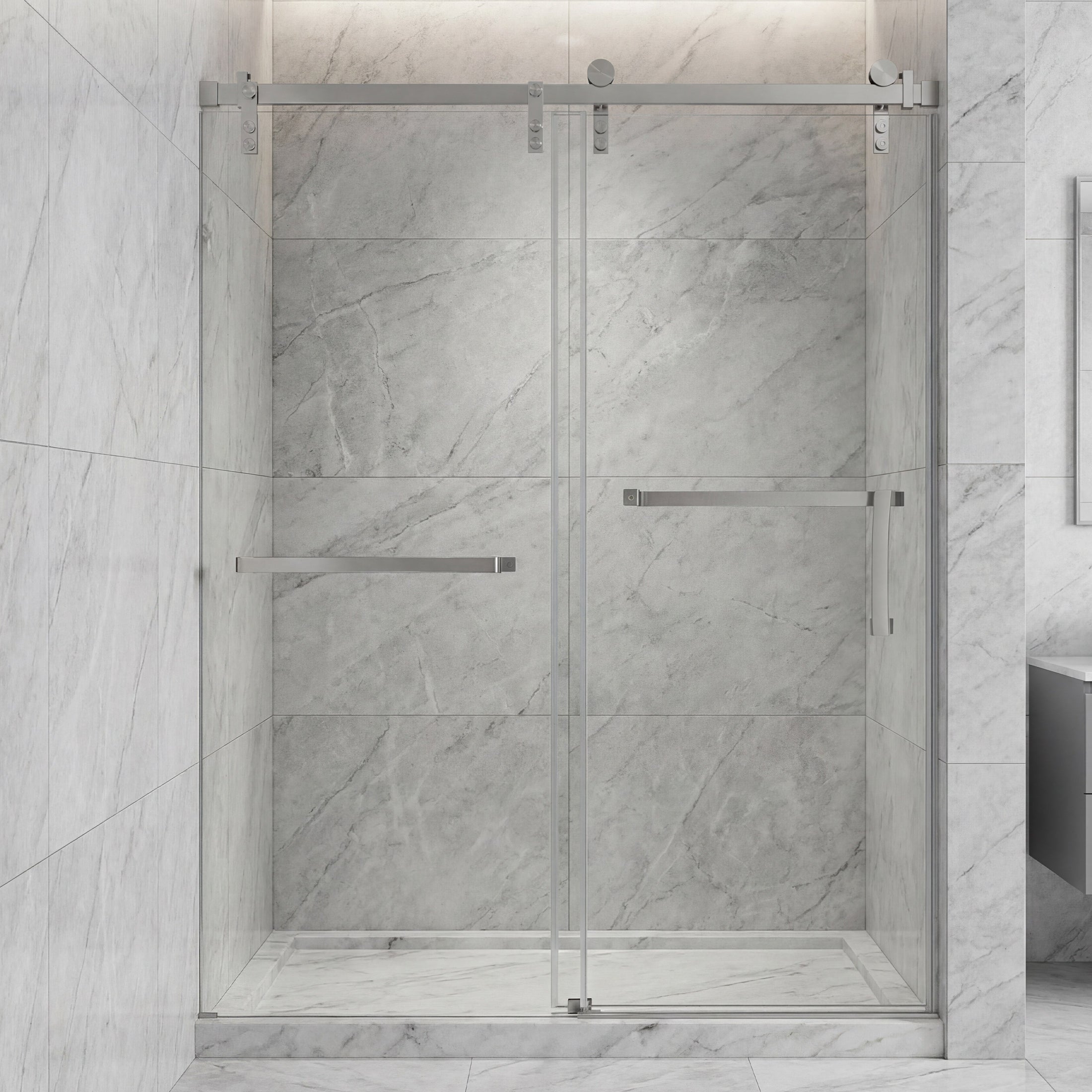 Frameless Double Sliding Shower Door with Towel Bar, Stainless Steel