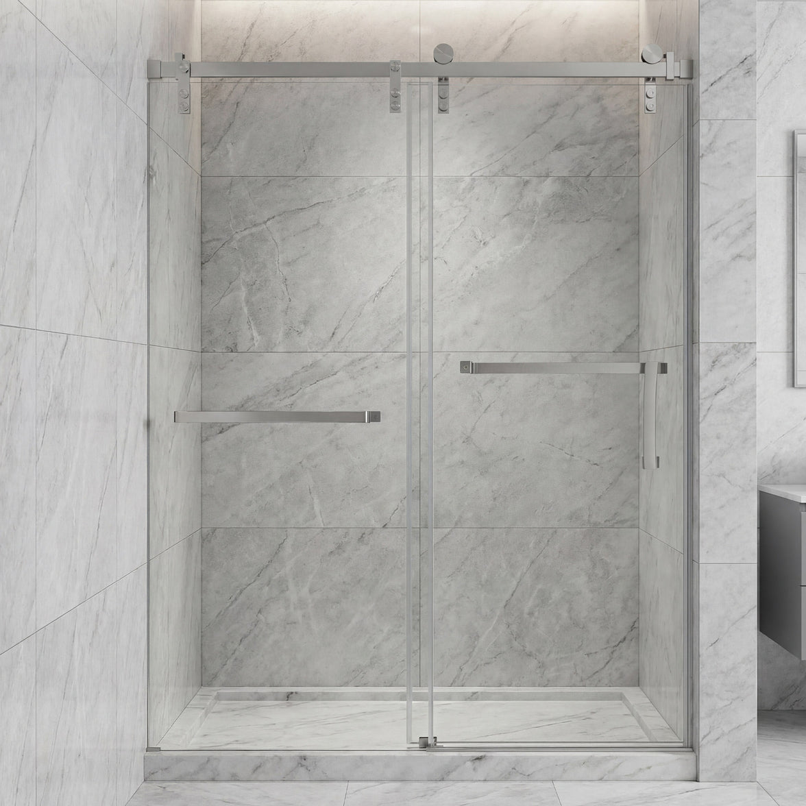 Frameless Double Sliding Shower Door with Towel Bar, Stainless Steel 8mm