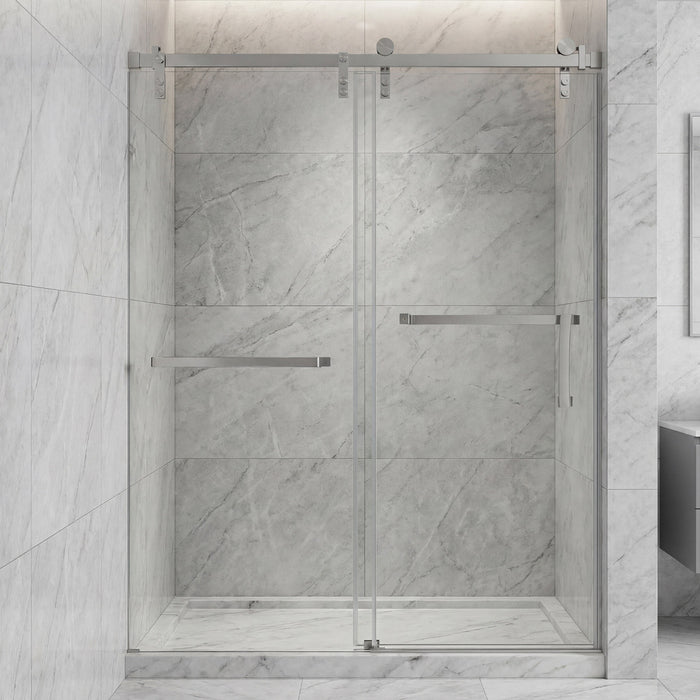 Frameless Double Sliding Shower Door with Towel Bar, Stainless Steel 8mm
