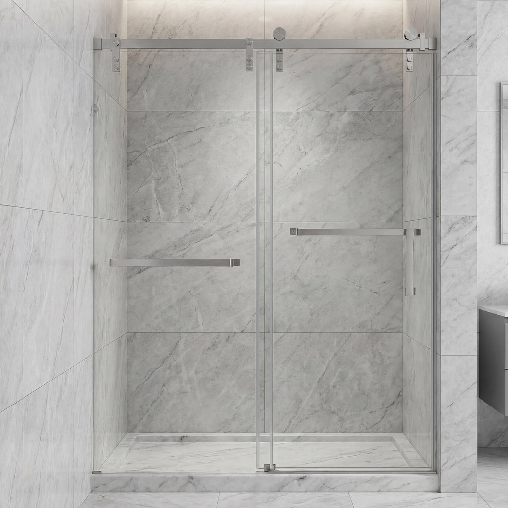 Frameless Double Sliding Shower Door with Towel Bar, Stainless Steel