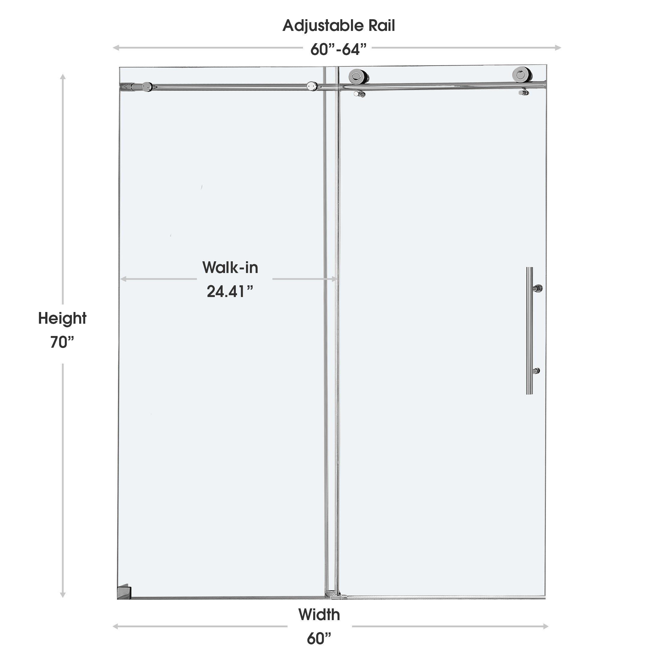 Frameless Double Sliding Shower Door with Side Panel & Single Handle, Stainless Steel
