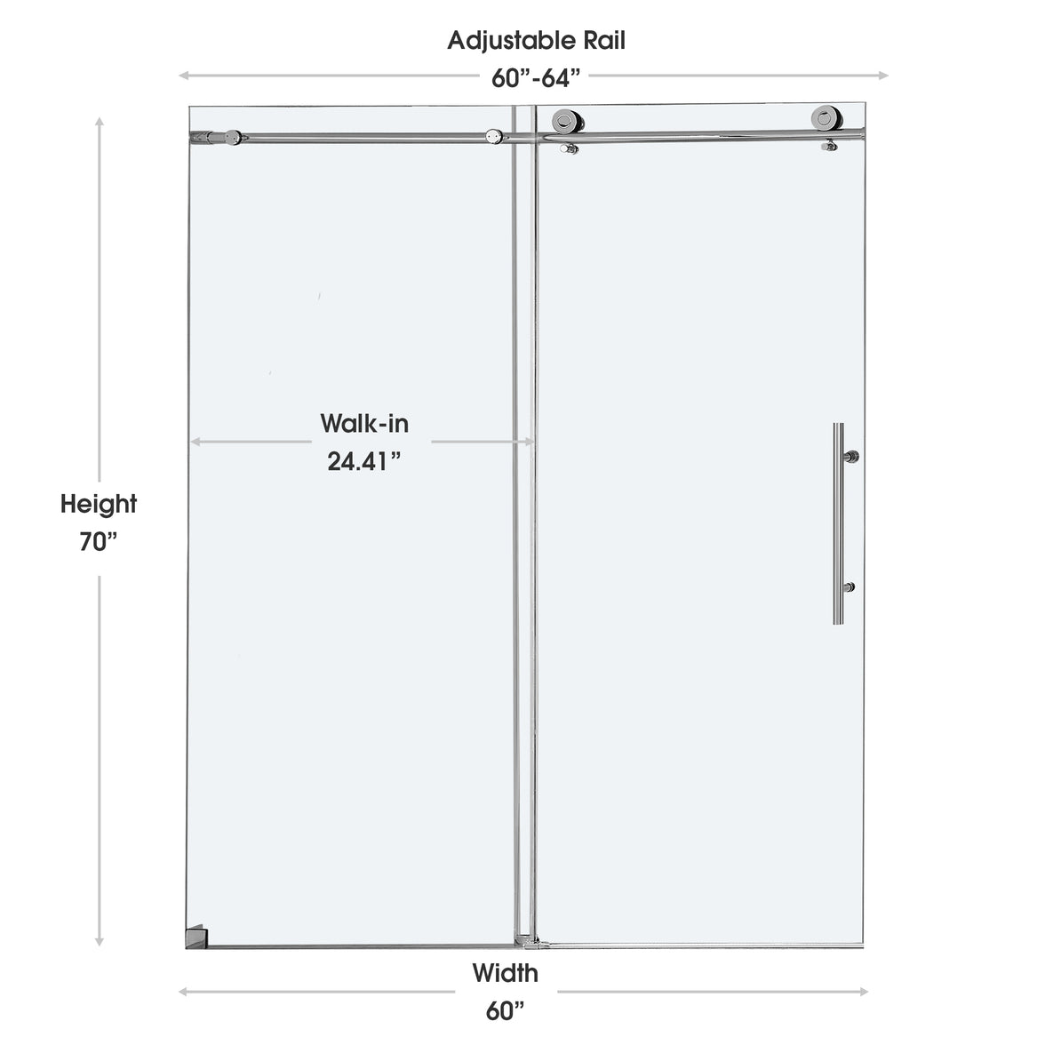 Frameless Double Sliding Shower Door with Side Panel & Single Handle, 76" High x Adjustable 60"-64" Wide  Stainless Steel 8mm