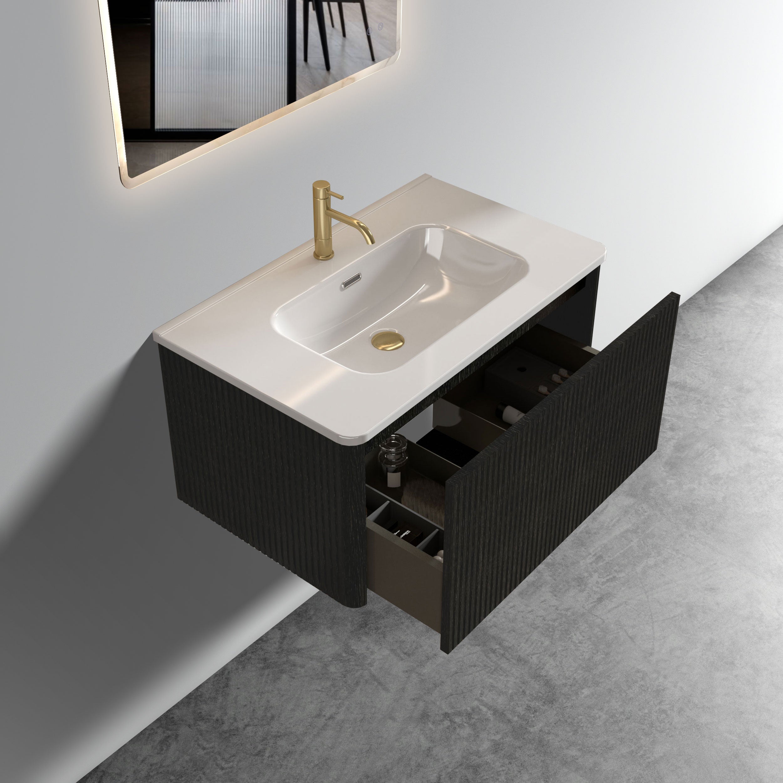 30" Striped Oak Wall-Mounted Bathroom Vanity in Black with integrated Ceramic Sink, Fully Assembled