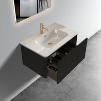 30" Striped Oak Wall-Mounted Bathroom Vanity in Black with integrated Ceramic Sink, Fully Assembled