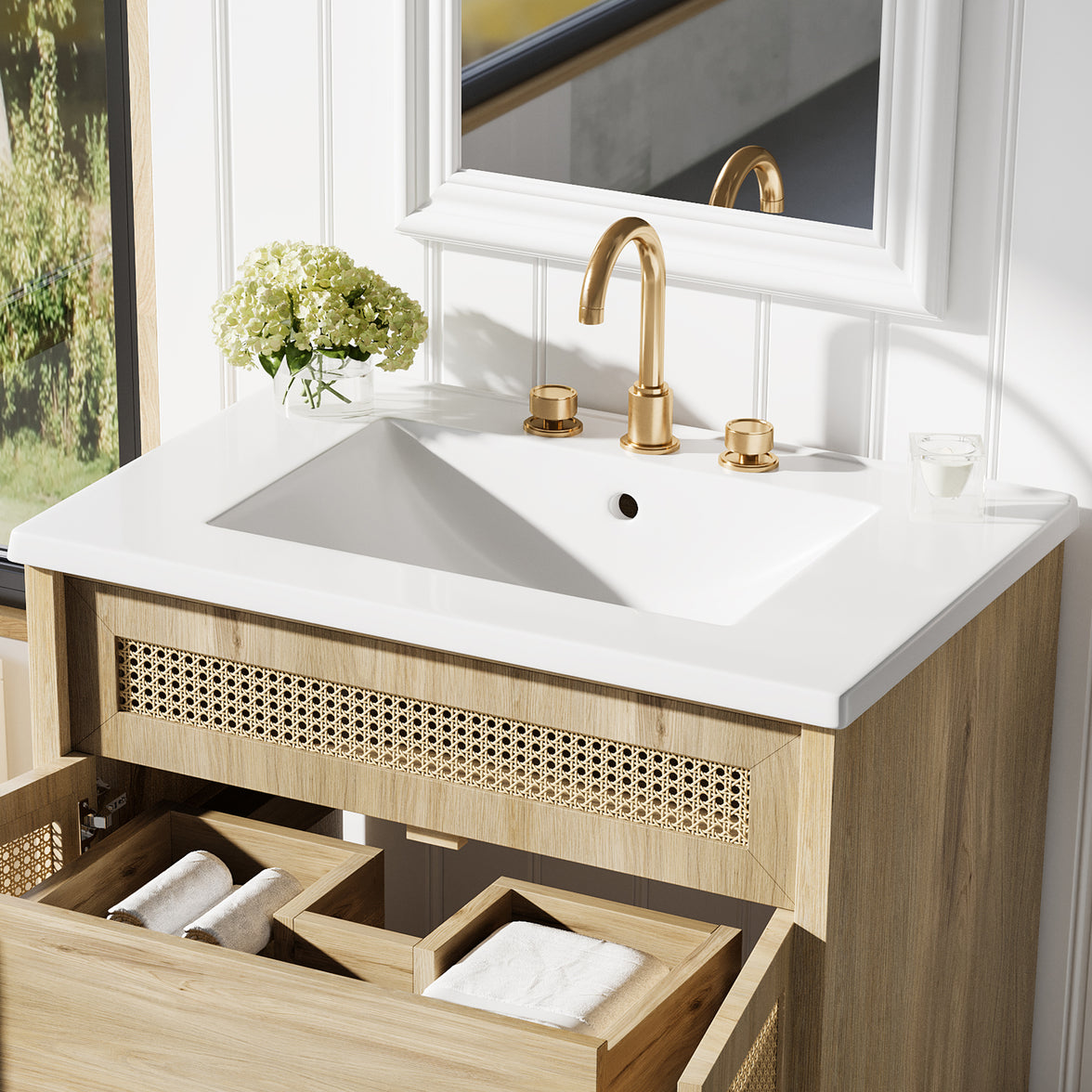 30" Freestanding Bathroom Vanity with Resin Sink, Rattan Doors and Soft-Close Storage