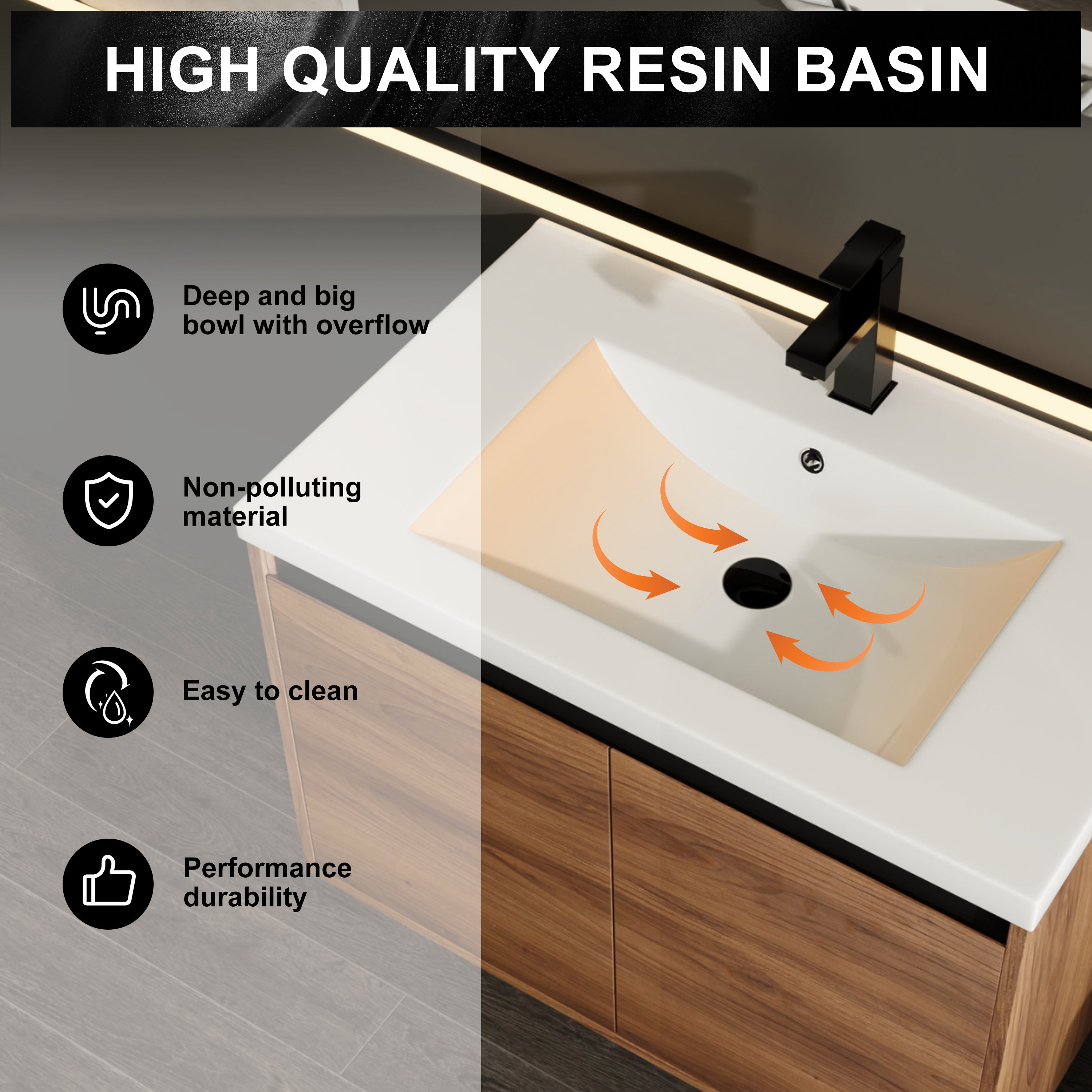 30" Ebony Wall-Mounted Bathroom Vanity in Brown with Resin Sink and Soft-Close Storage