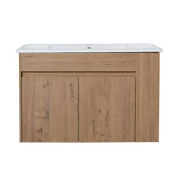 30" Imitative Oak Wall-Mounted Bathroom Vanity With White Ceramic Sink and Adjust Open Shelf