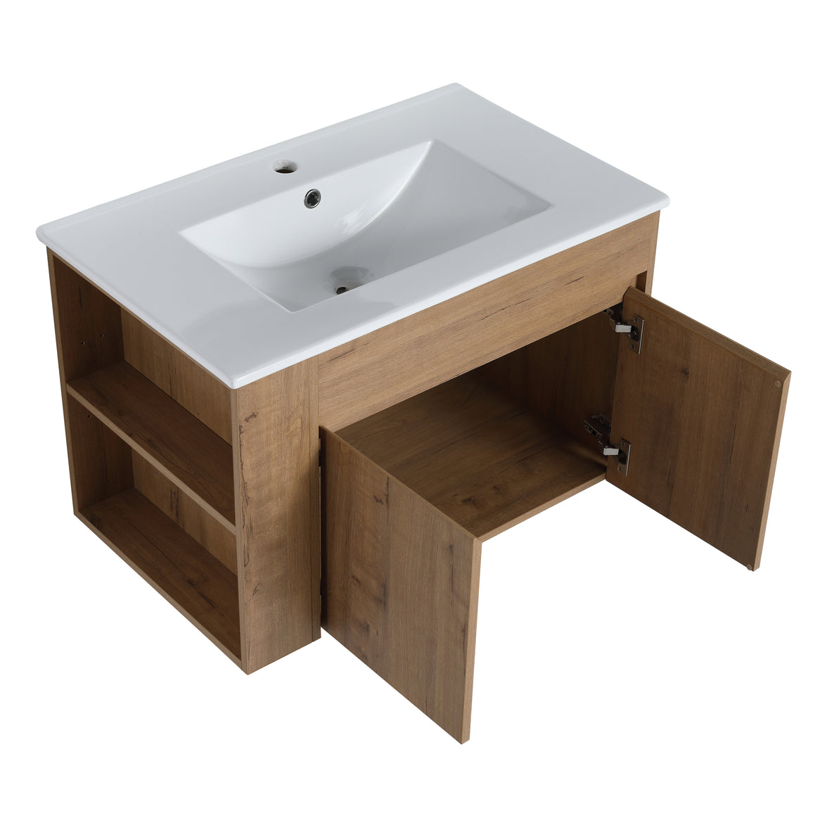 30" Imitative Oak Wall-Mounted Bathroom Vanity With White Ceramic Sink and Adjust Open Shelf